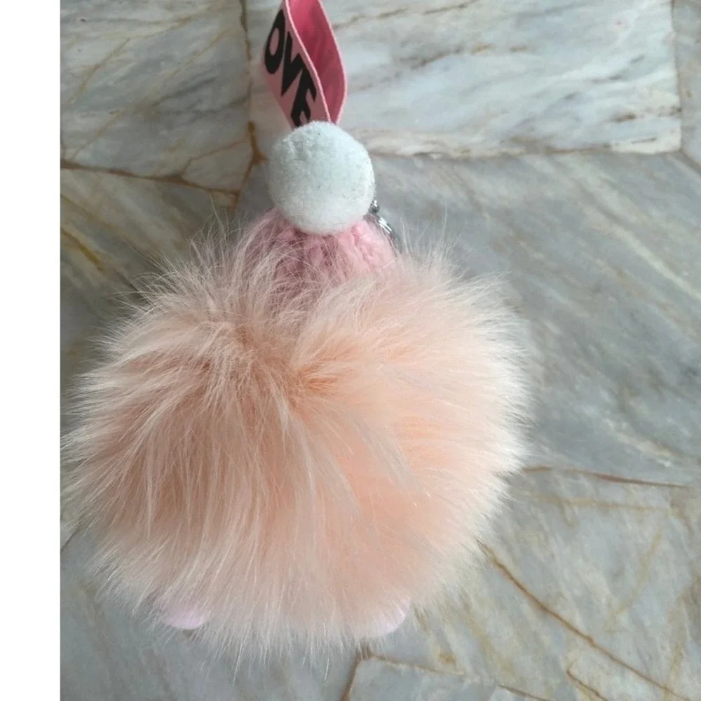 Pink Faux Fur Doll Keychain Charm with Glasses and LOVE Strap Accessory‎